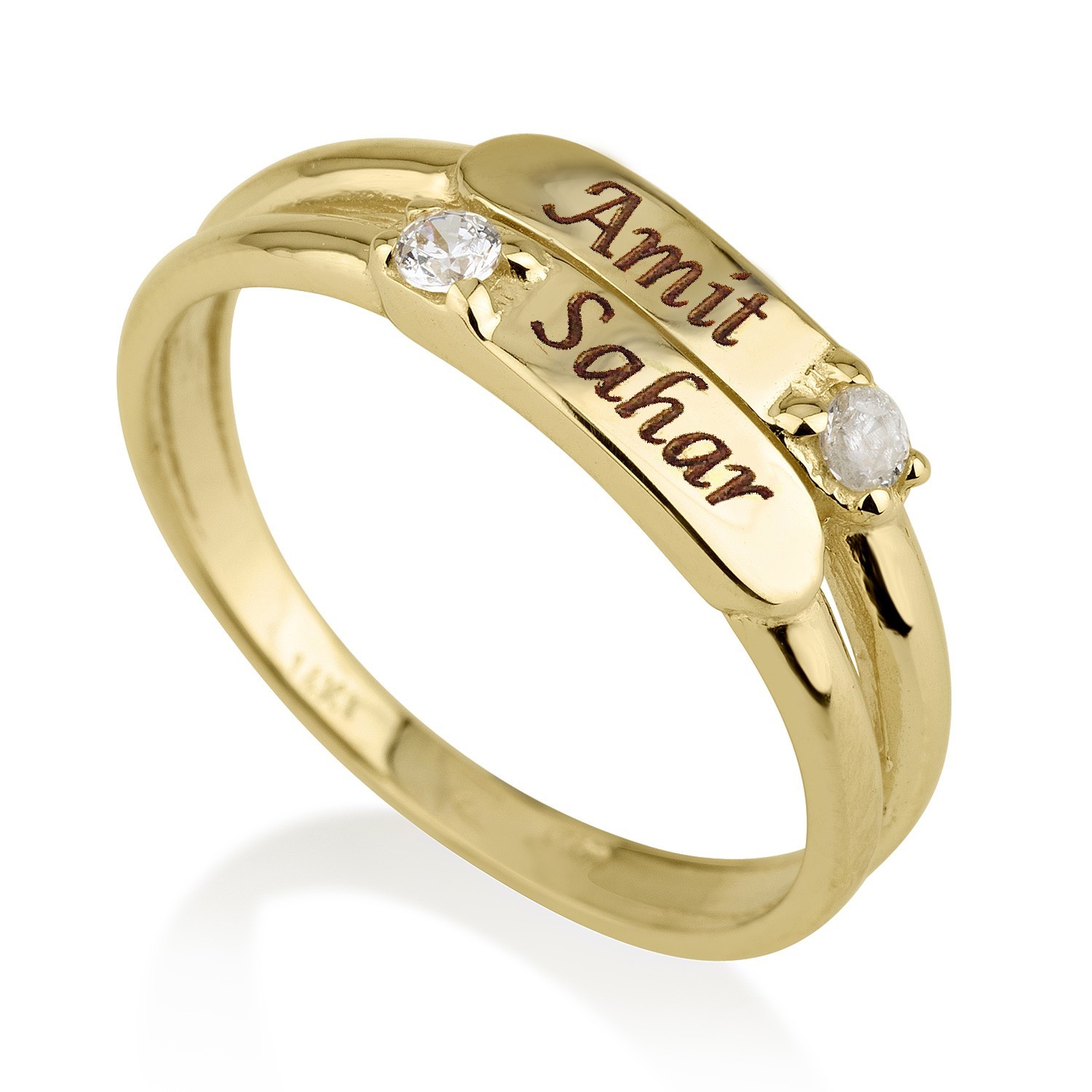  טבעת חריטה 2 פסים - זהב אמיתי 14 קראט בשיבוץ יהלומים אמיתיים טבעיים דגם 3122