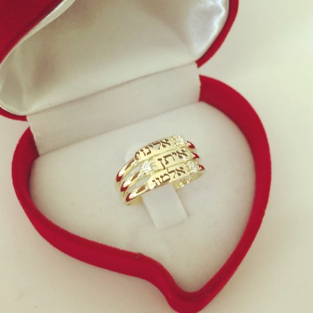 טבעת חריטה - זהב אמיתי 14 קראט שיבוץ זירקונים/יהלומים אמיתיים דגם 3123